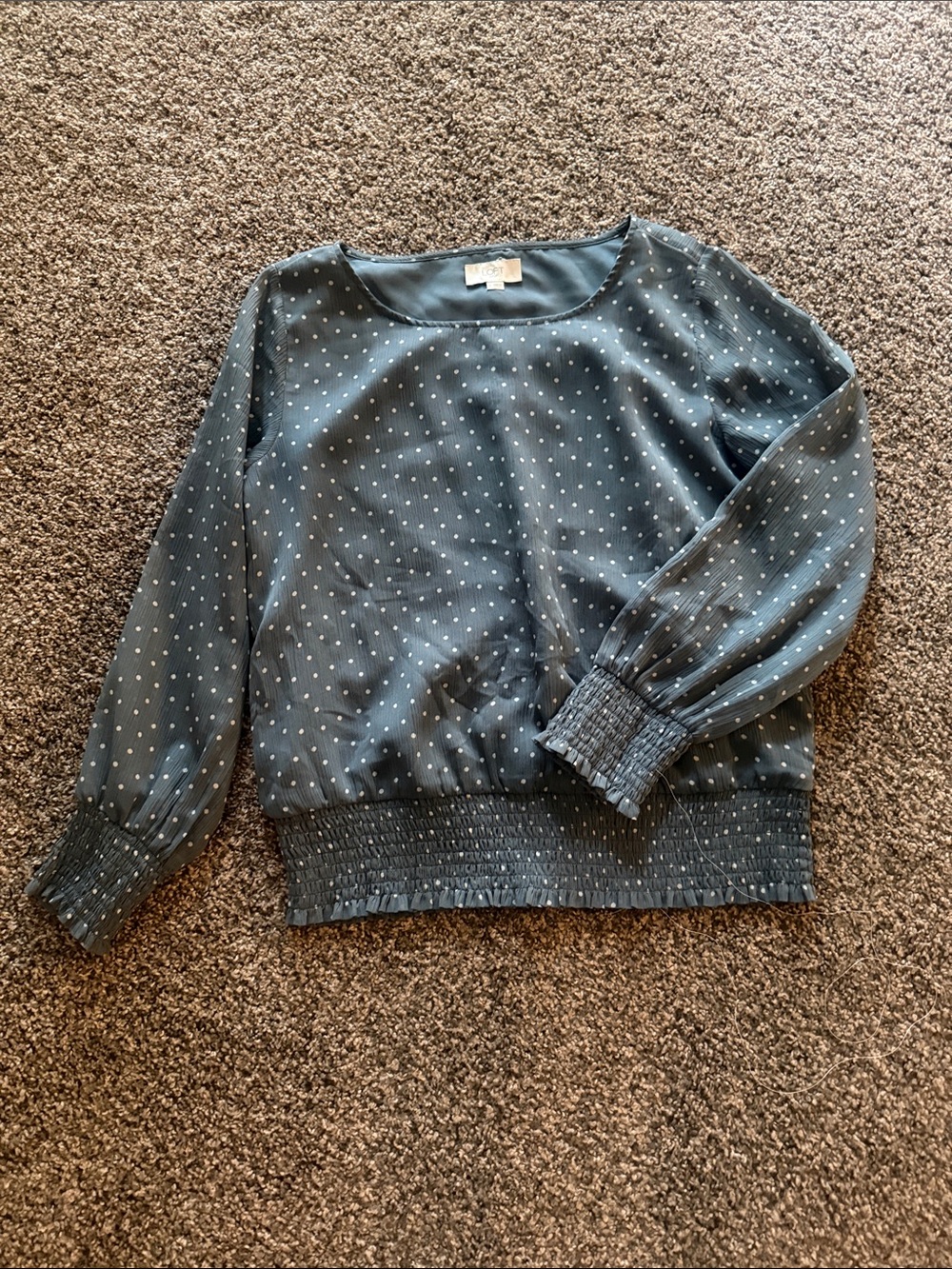 LOFT Slate Blue Polka Dot Smocked Hem Blouse